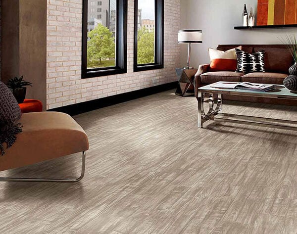 Modern living room with sheet vinyl flooring.
